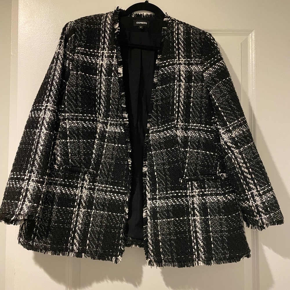 Express Plaid Collarless Boucle Blazer - Picture 1 of 6